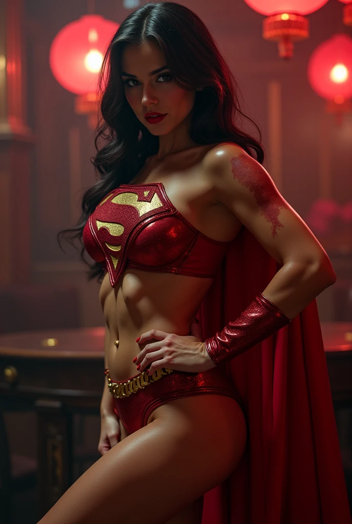 arafed woman in a red outfit with horns and a sword, hot fire goddess, bodybuilder superhero bikini, appears as the fire goddess, she has fire powers, muscular warrior women, cinematic goddess body shot, the super hot and sexy, fire goddess, the sorceress casting a fireball, firey, her body made of flames, goddess of fire