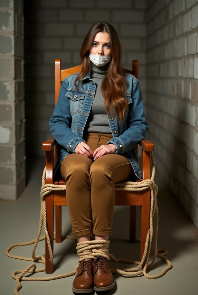 masterpiece, Best Quality, 8K hyperralistic, ultra detailed,Beautiful lady, tied girl. The girl is wearing a black turtleneck and a blue one., Knee-Length Rocker Jeans, big juicy butt, a lot of rope, The girl blushes and feels very embarrassed., Arms tied behind the back, tied legs,The girl lies face down, Girl lies gagged on the floor, Looking to the camera, looking at the viewer, Overwhelmed girl, Girl completely still, girl sweats, detailed eyes, The girl looks angry, redhead girl