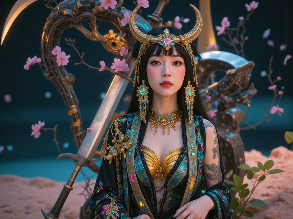 Temptating viewer, (8k RAW photo, hyper realistic, masterpiece, best quality, crisp detail, high definition, high detail, very rich detail, sharp focus, sharp detail, colorful, rich color, cinematic, perfect studio lighting), (full body photograph, mystic atmosphere), (((bare naked),(young lustful anger goddess), (fully nude, arrousing, temptating goddess, want to have sex, moaning, masturbating), (adorable beautiful baby face, evil round face, (smooth straight) bob haircut with pony, purple haired goddess, purple eyed goddess, big breast), (spreading legs, sensual pose, open legs, temptating viewer), smooth body, ideal body, evil smile)), ((clearly visible pussy, clearly visible nipples)), ((purple plants, cobra snake temple, naked female servants)),