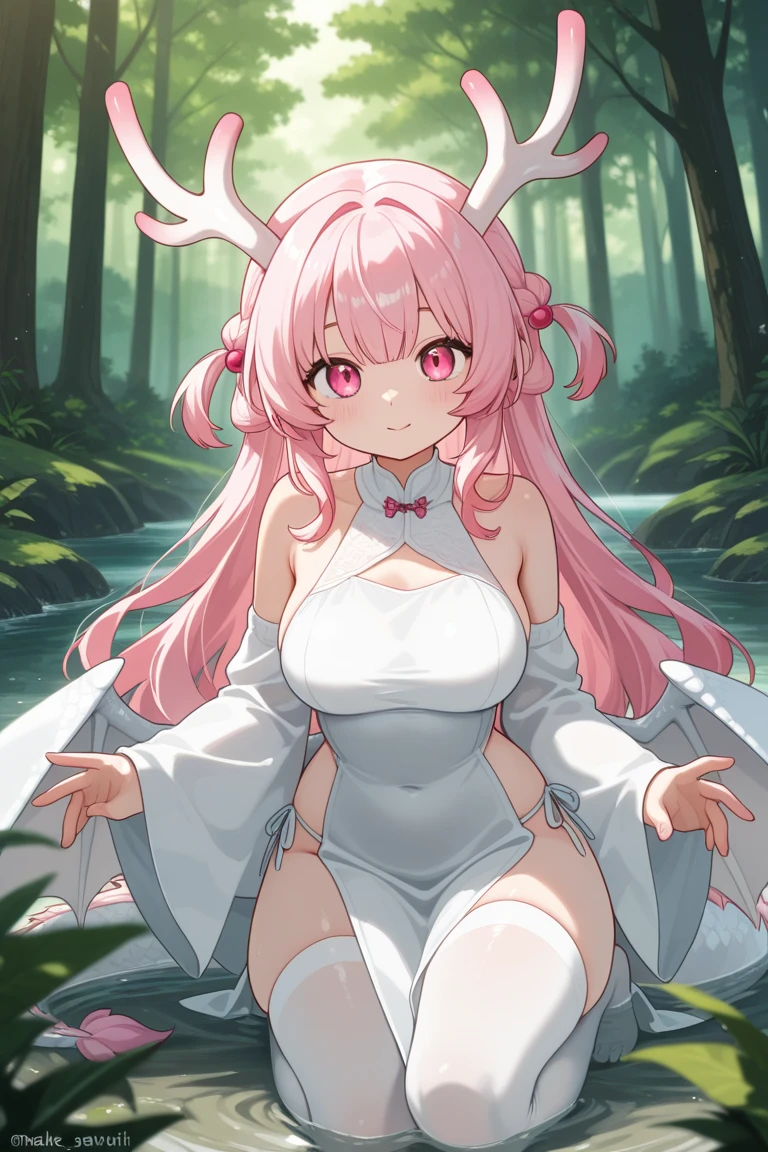 1 girl, game CG, white clothes, cleavage visible, shoulders visible, white short skirt, small white beret, jewel pendant, black shoes, gigantic breasts, pink hair, long hair, straight hair, princess hairstyle, idiot fur, pink eyes, smile, rabbit, squirrel, animals, wariza, tree,