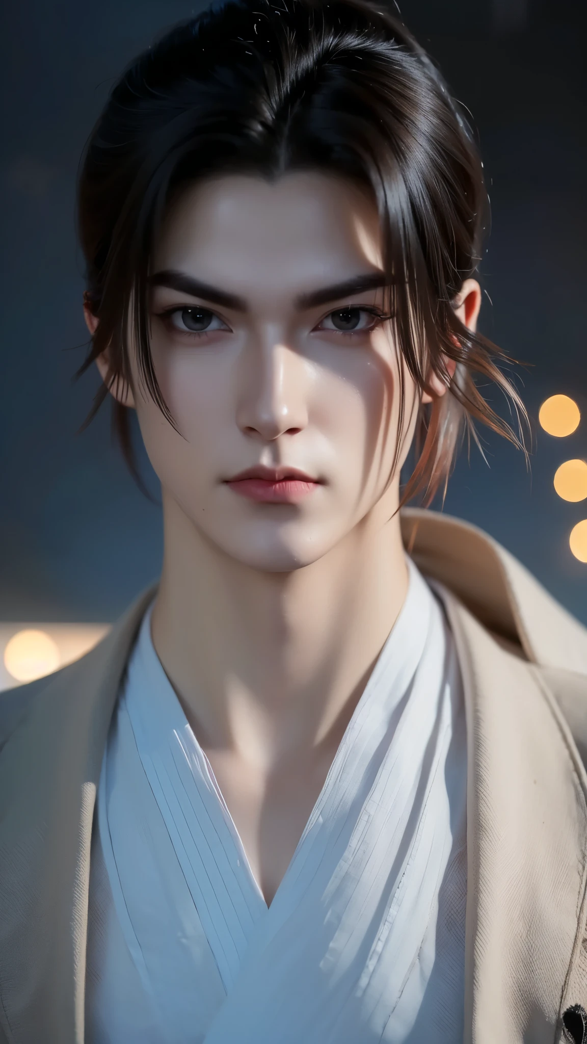 (portraiture 1/2) Super Detailed 8K Masterpiece of a Solo Male Assassin Character Inspired by Solo Leveling , laugh confidently, cruel, Masculine Art Style of Solo Leveling. short red hair, glowing purple eyes, pale skin , cinema light, Strong depth of field. standing alone in dark Tokyo cityscape. Hair partially covering the face, gaze attentively looking at the viewer, somber and dramatic expression. Luxurious fabric motif on