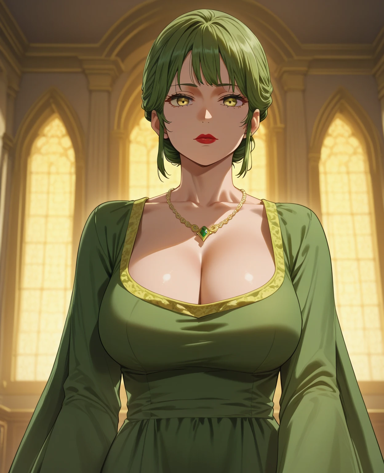 "(masterpiece:1.1), best quality,
1girl, (80s anime style:1.3), (eyelashes:1.5), (loli:1.2),
(intricate high detailed body:1.2),
(green hair:1.1), (hair slicked back:1.2), (short hair, wavy hair:1.1), (tiara:1.2),
green eyes, (red lip stick:1.3),
(pale skin:1.3), (curvy body:1.1), (gigantic breasts:1.5),
(angry, smile:1.2),
(silver embroidery leotard armor:1.2), (garter belt:1.2),
(belts:1.1), (streaked hair:1.2), crystal necklace,
standing,
(upper body, cowboy shot, looking at viewer, from front:1.1),
medieval tavern"