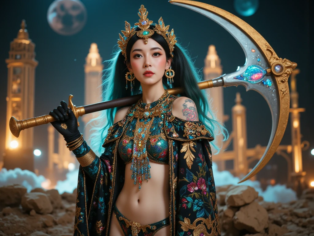 1 woman. Beautiful young woman. 25 years old. Beautiful Indonesian tribe queen. White skin. Powerful shaman. Indonesian Hogwarts. Shaman professor. shaman tribe hat. Black hair. Blue sexy transparent shaman suit no pants. No bra. No underwear. Blue shaman cloak. Flat chest. Holding the blue orbz. Blue Sapphire large necklace. shaman room. Beautiful face. Standing pose. Shaman statue. Blue temple. Shamanic logo on the wall. Smile.