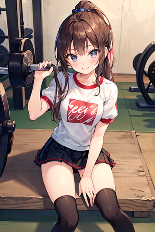 (((((whole body))))), hu tao,This is a very cute gym uniform 、smile,、cowboy shot, Training, trying her best