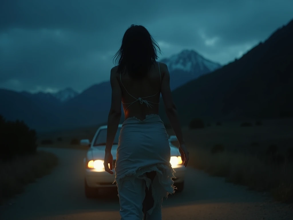 Mountain horror story, female ghost on mountain road, attention to the woman, subjective image from rear mounted camera, moonless night, winding steep slope and sharp curves, narrow road over mountain pass, difficult to pass other vehicles, barely visible from the driver's seat, only the headlights of the car shining thinly on the asphalt. Pitch blackness covered the whole area, one wrong step and you'll fall headfirst into the deep, black valley bottom, a terrifying route. Suddenly, a thin metal guardrail illuminated by the low beam of the headlights appeared just a few meters ahead through the windshield, and I hurriedly turned the steering wheel, and there, ahead, stood a sexy beautiful woman in a white sheer negligee, standing like a ghost, her face in close-up was very beautiful, looking at me and smiling coquettishly.