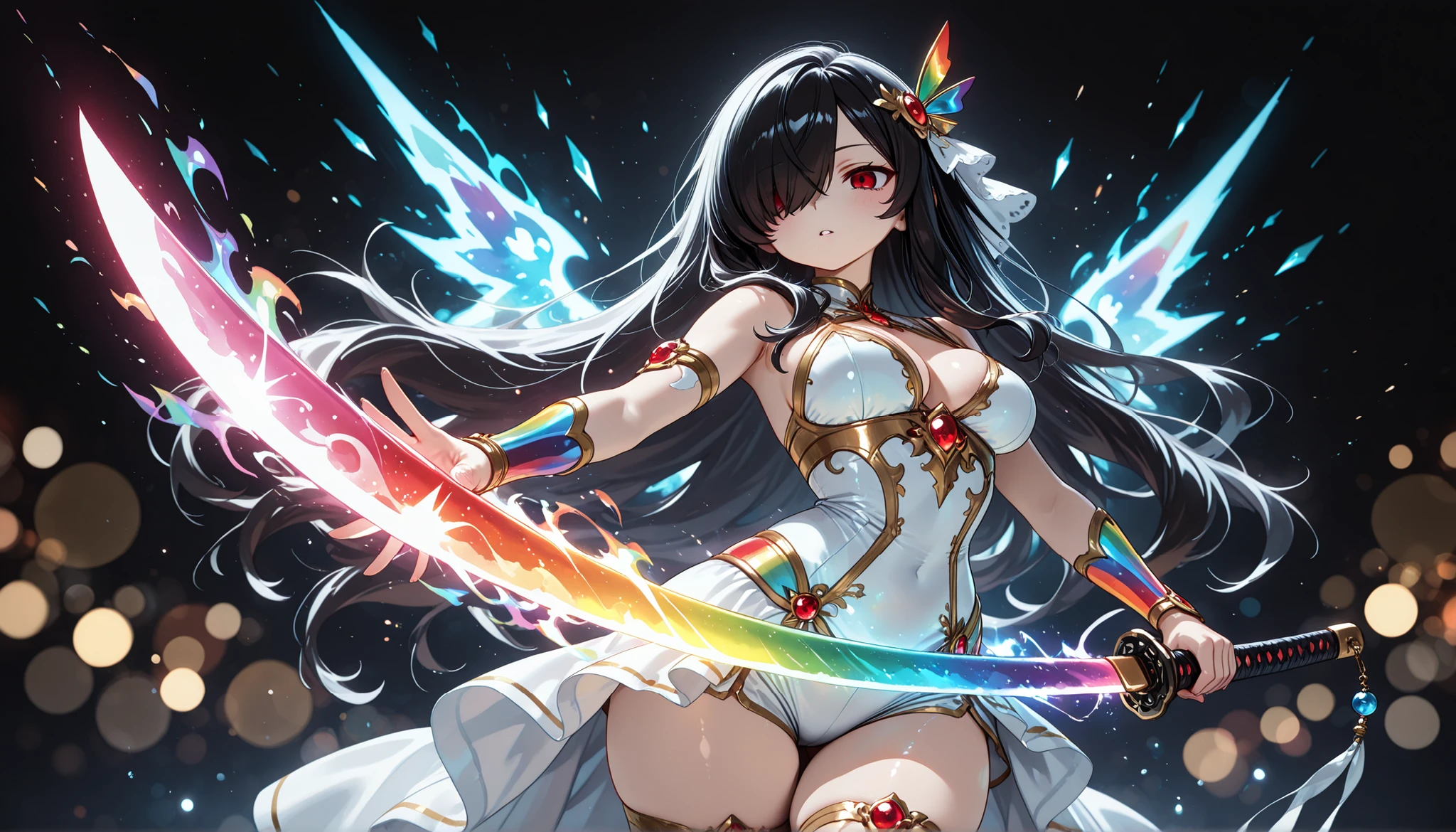 masterpiece, 8K, high resolution, 1girl, Kuroki Monika, black hair, very long hair, hair over right eye, red eyes, medium breasts, (petite but curvy, very cute) (rare equipment), weapon focus, holding two katana, , (rainbow blade), ((large weapon)) rainbow glassblade, glowing weapon, very detailed decorated with ornaments, shining blades in rainbow colors magic energy, battle aura, fantasy aura, powerful presence, dark background, bokeh, light_bokeh, light_reflection