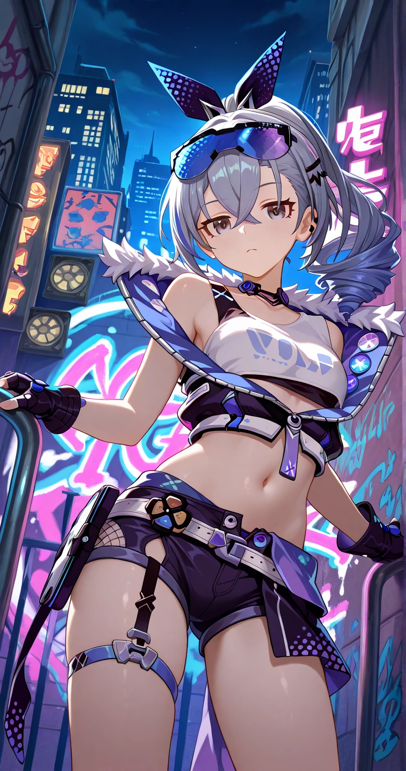 1girl,bronya zaychik,bronya,silver_wolf,grey hair,ponytail,grey eyes,medium_breasts,shorts,shot_jacket,belt,earrings,hairclip, looking at viewer,garters,choker,(navel:1.1),collarbone,sweat, indoor,