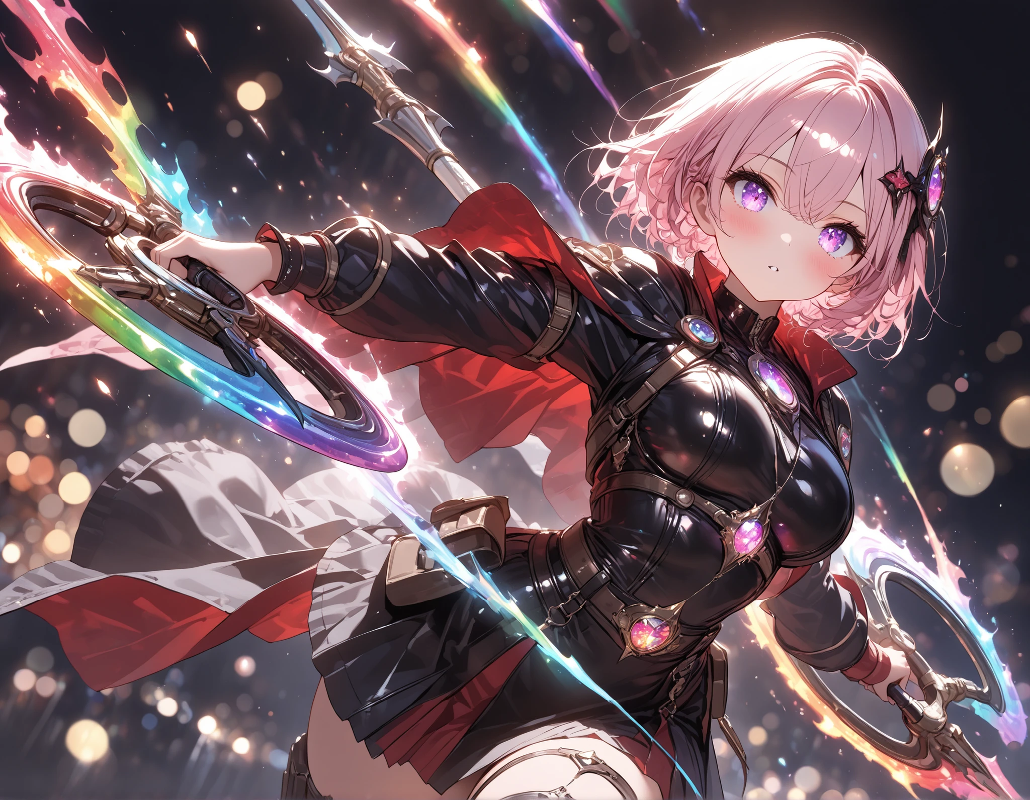 masterpiece, 8K, high resolution,  1 girl, violet eyes, light pink hair, short hair, cool, beautiful, medium breast, very cute, lovely, kawaii,   (rare equipment), weapon focus, dual wielding, holding two windfire wheels, ((chakram, windfire wheels)), (rainbow  windfire wheels), ((large weapon)) , glowing weapon, very detailed decorated with ornaments, shining blades in rainbow colors, magic energy, battle aura, fantasy aura, powerful presence, dark background, bokeh, light_bokeh, light_reflection