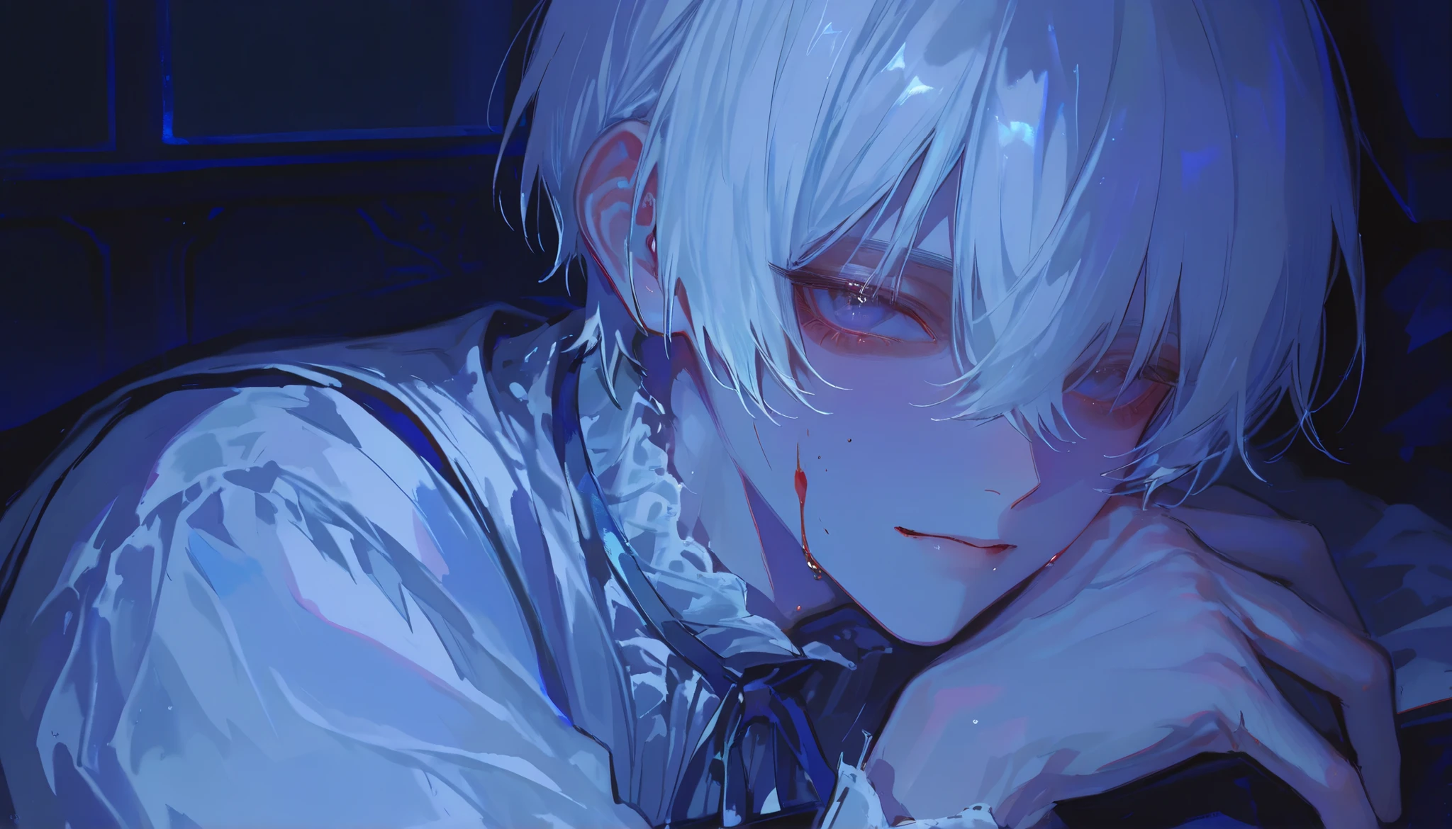 ((1 man with short white hair:1.4))、I have blood on my face、dark room、(moonlight)