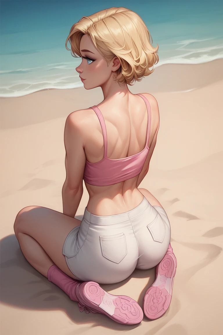 score_9, score_8_up, score_7_up, score_6_up, score_5_up, score_4_up, looking at viewer, 1girl, StarB solo, back view, viewed from below, medium breasts, blonde hair, blue eyes, cute pink bikini, pink skirt bikini, short hair, realistic, lips, nose, blush, standing, hand behind head, smile, wet, beach background, ass