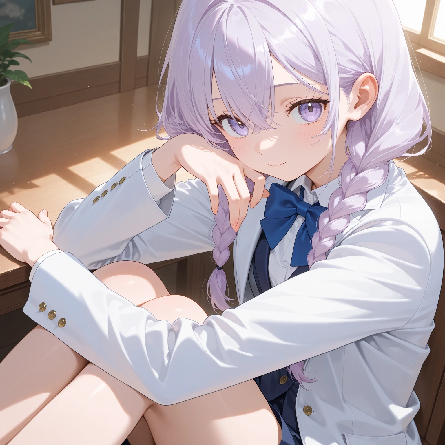 (Very light lavender_Hair color) (The hair is very light lavender),(M-shaped bangs), Long_Hair,(bangs between eyes),(Very long hair),(Wavy hair), Girls with heterochromic iridium have only red and purple eye colors (Left eye color_Only purple:eye),(Right eye color_only red colour:eye), Breasts, how to_On_Body, how to_On_Breasts, mediating_Breasts, Side_Braid, Solo, Smile, (how to, Creampie,  runs down the thighs),Slim, Lace,Long hair,(cleavage),seminal fluid, Warm-up table gender,crotch rub,Masturbation, juice puddle, [rough breath],(Nafw),Sweaty skin,From above, he chirped on the corner of the table, Table, or other similar furniture for masturbation purposes.Corner masturbation" Ruina Library_Background, ((Detailed_Background)) (school uniform) (((Detailed clothes))),((School uniforms Clothing)),a beauty girl,(Nice and detailed school uniform ), runic\(Alice\), (Light lavender_Hair),(Only purple_left-eyed),(only red colour_right eye),