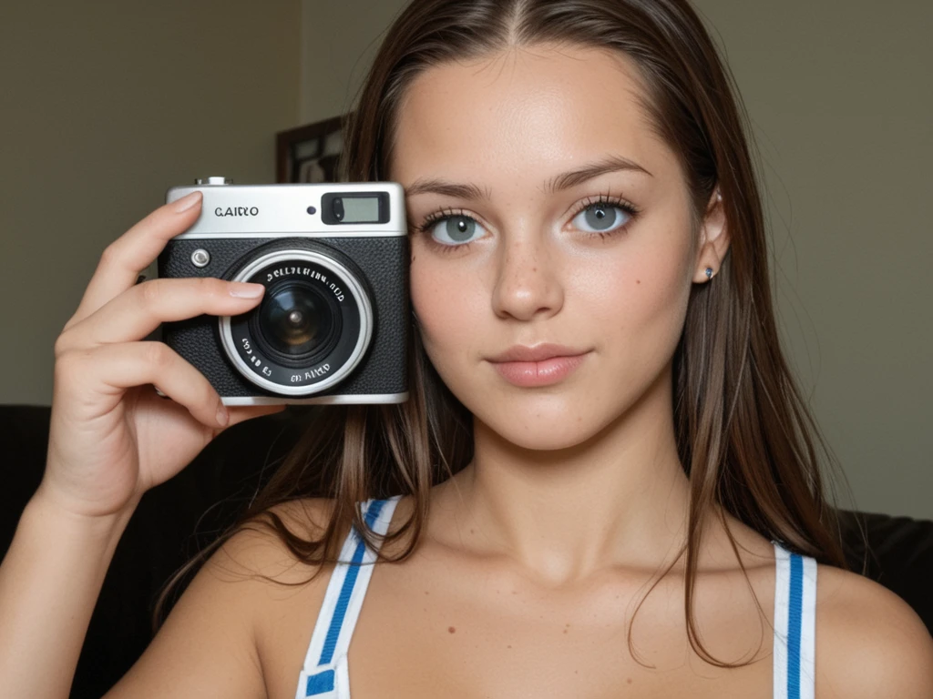 a medium shot of an Instagram model (rachel_cook, woman), ((bright blue eyes)), wearing a loose fitting, low cut ((white floral sundress)), ((no panties, vagina)) with a seductive look, smirking, flirting with camera, closeup, she  on her all fours facing the camera with almost all of her  exposed. Cleavage, small perky breasts.  