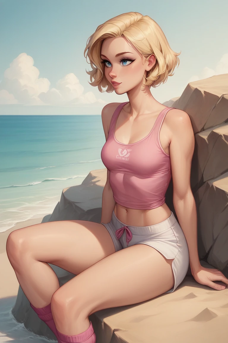 score_9, score_8_up, score_7_up, score_6_up, score_5_up, score_4_up, looking at viewer, 1girl, StarB solo, back view, viewed from below, medium breasts, blonde hair, blue eyes, cute pink bikini, pink skirt bikini, short hair, realistic, lips, nose, blush, standing, hand behind head, smile, wet, beach background, ass