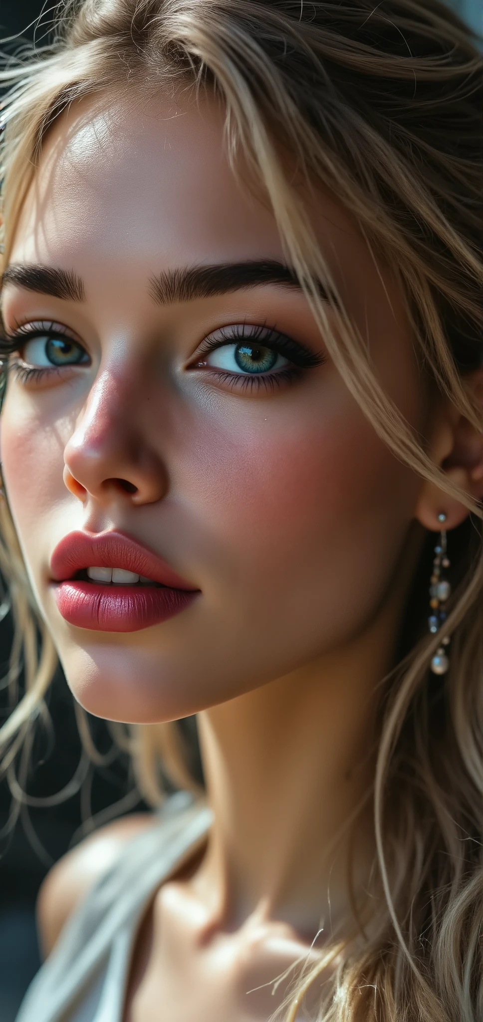 Divide Ratio : 1,1,1 Base Ratio: (((portrait))),perfect dynamic composition:1.2,beauty(mixed girl)(madison ivy:0.5)(jessica alba:0.3)(Ariana Grande:0.3) in (Intricately detailed photo of a((22-year-old))),((photorealistic)),((Hyper realistic)),((sharp focus)),(highest resolution),(the most absurd quality),(masterpiece),((natural, soft lighting during the day)),fashion supermodel,((best high quality real texture skin)),(Highly quality texture hair),((curly hair(((slicked to the two side)))Intricately detailed:1.44)),(perfect proportions),(anatomically correct),((perfect female body)),((firm normal breasts:1.2)),slim face,beautiful cheekbones,(Super beautiful face),(realistic face),(highly detailed face),absurd art(Intricately detailed eyes),(tired and sleepy and satisfied:0.0),(realistic eyes),perfect round eyes,finely detailed pupils,(brown_eyes:1.28),BREAK,detailed lips:1.3,pink_makeup:1.3,long_blue_eyeliner:1.2,(red_lipstick:1.32),perfect dark_eyeshadows:1.35,(super detailed makeup on eyes:1.3), iridescent eyes, with professional makeup, vibrant eyes:1.2,(Detailed nose),small head:1.4,full bodyesbian,dark shot:1.2,((Intricately detailed sports crop top:1.3)),look at the viewer,((city),walking),On the street,((Earrings)),(((front view,full body shot:1.5)))