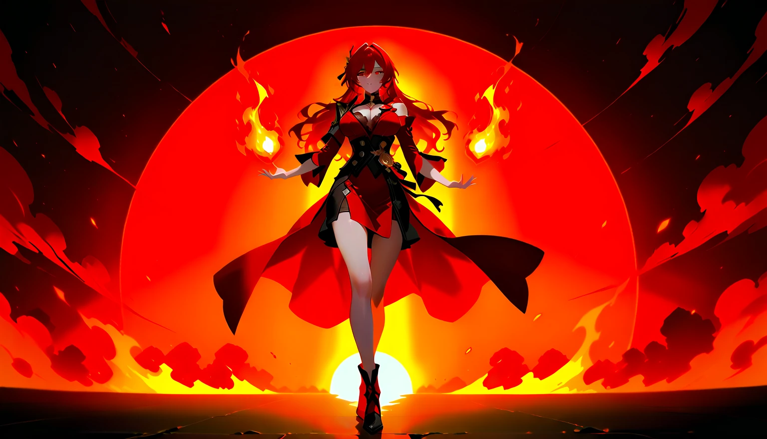 13 year old girl、he is short、small breasts、girl with long orange red hair、flat chest、Wrapped in deep red flame、hair covering right eye、Black Witch Clothes、Looks like a villain with a town background,face that happened.And she burns red, make a fireball on your hand
