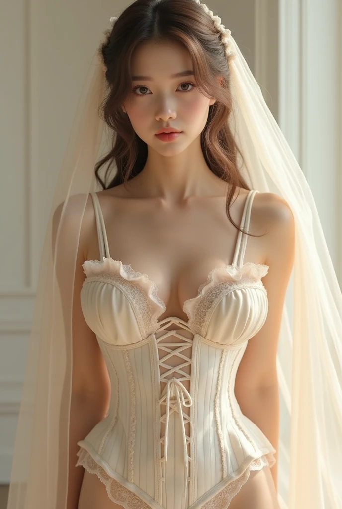Phoebe Dynevor, wearing nude veil bride tiara corset sexy clothes transparent. professionally retouched, soft lighting, realistic, smooth face, perfect eyes, sharp focus on eyes, 8 k, high definition, insanely detailed, intricate, elegant. in a natural background.