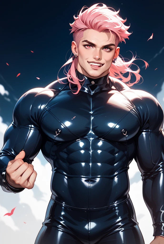 (1 girl:1.25), (cara delevingne:1.25), young girl, masculine physique, seductive face, seductive look, long pink hair, perfect muscular body, fit body, super skinny legs, ,tight latex pants, sissy, femboy, (huge muscular arms:1.25)