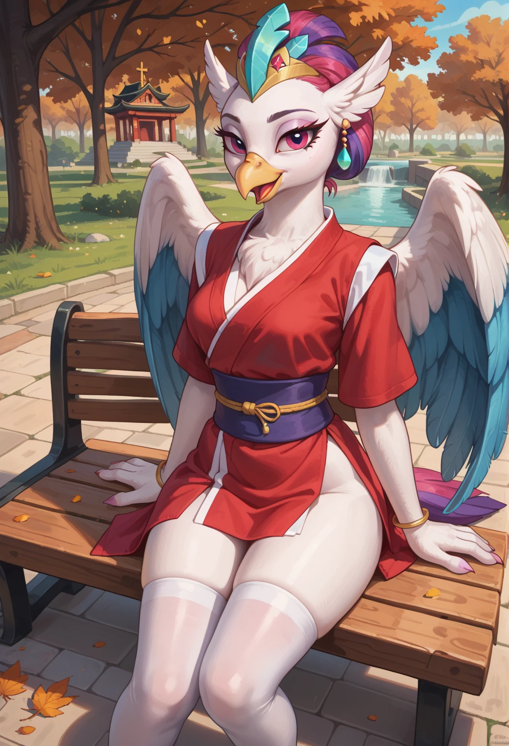 (((sfw))), masterpiece, top quality, best quality, highly detailed, 8k, super high resolution, absurdres, perfect anatomy, ((solo focus, dynamic angle)) (posing, looking at viewer)), ((anthro female white eagle, all white body, eagle beak, wing arms, feather fingers)), (adult), (orange eyes), ((white hair, long hairstyle)), (muscular, hourglass figure, thick thighs, large breasts, bare midriff), ((blue japanese dress)), ((flower garden))