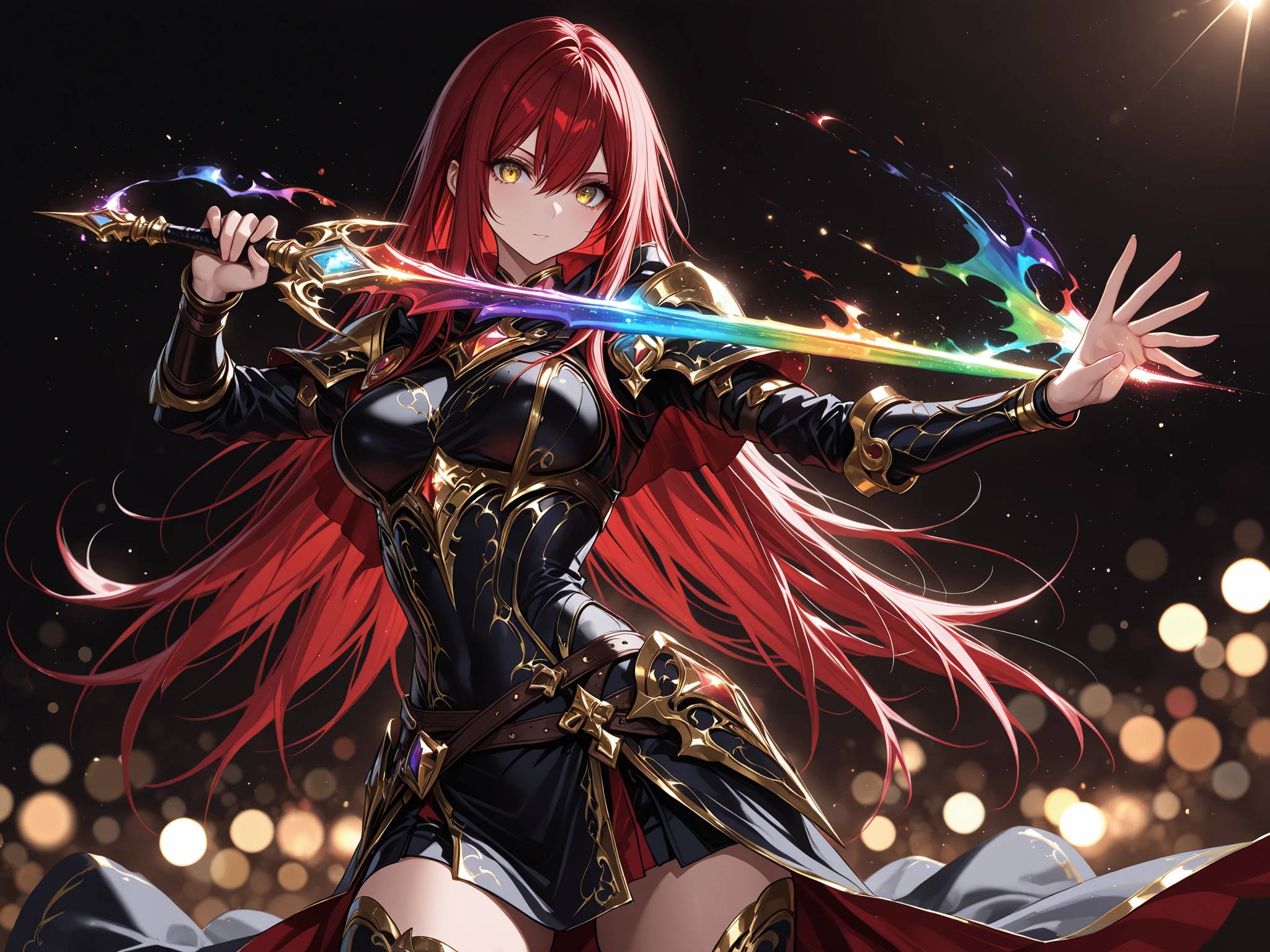 masterpiece, 8K, high resolution, 1girl, golden eyes, red hair, very long hair, straight hair, long sidelocks, hair between eyes, medium breasts,, (rare equipment), holding two magic dagger, rainbow glassblade, glowing weapon, very detailed decorated with ornaments, shining blades in rainbow colors magic energy, battle aura, fantasy aura, powerful presence, dark background, bokeh, light_bokeh, light_reflection