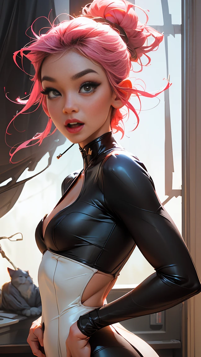 (highest quality:1.2), a -yeld girs standing, front view, a photorealistic cute gymnast, beautiful face, European face like a doll, heavily make-up face, pale face, open mouth with brutal smile, blank eyes with heavy dark eyshadow, dark bloody-red lip with cruel smile, soul-less face with no emotion, Short-cut pink hair, upper body portrait above the knees, wearing long sleeve latex leotard,tight-fitting and extra shiny black leotard, wearing fishnet pantyhose, wrapping red silk around waist.