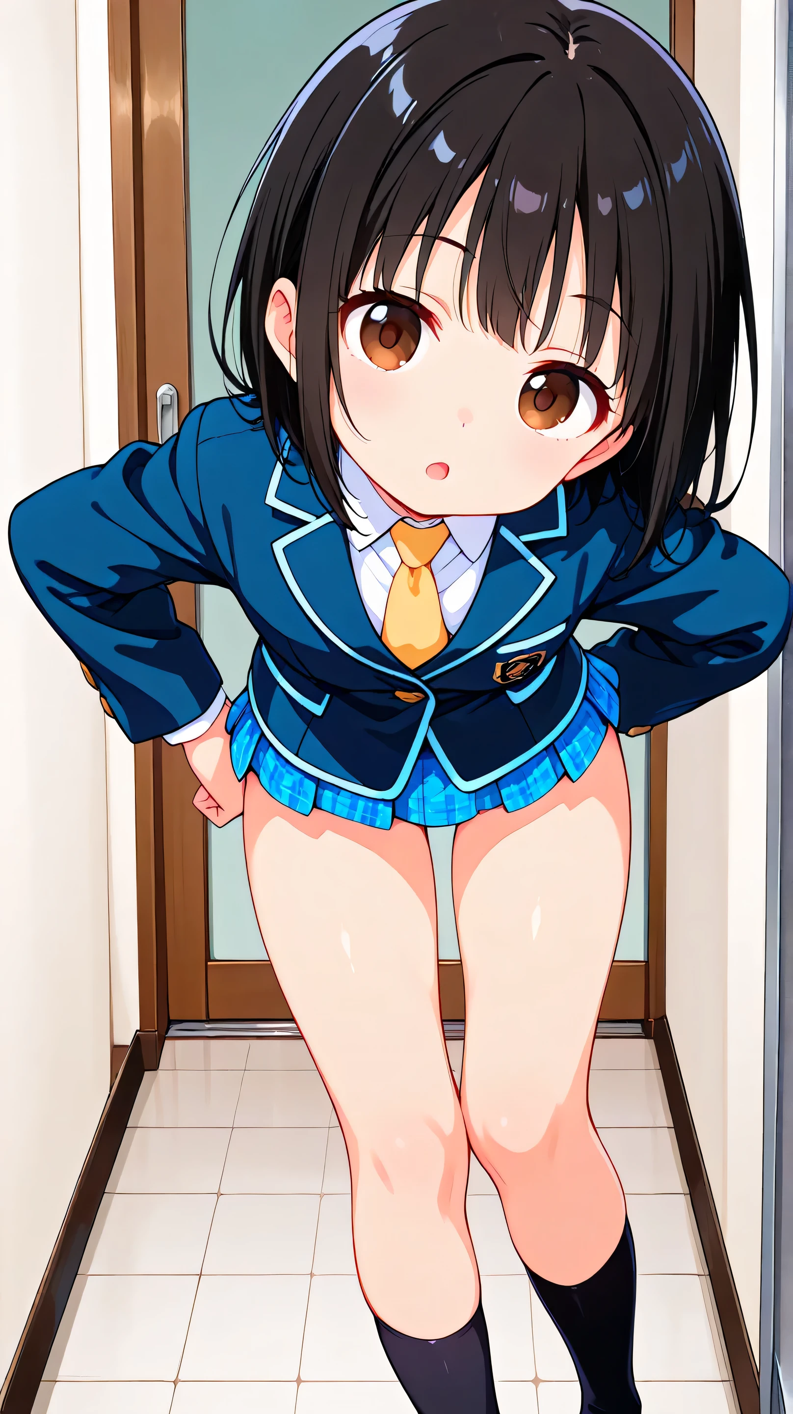 nsfw,((anime style)),score_9, score_8_up, score_7_up,masterpiece, best quality,ultra detail,
negishi masako ,
1girl , ((solo)),
short hair,black hair,brown eyes,round eyes,long bangs,(Flat Chest),
school uniform,(((blue blazer))),light blue checkered Pleated mini skirt,(((((mini skirt))))), Yellow necktie,(((black sox))),
,(((whole body))),((open mouth)),leaning forward,
,((A glimpse of her thin thighs)) ,
(contrapposto),((focus on face)),(head tilt), posing,