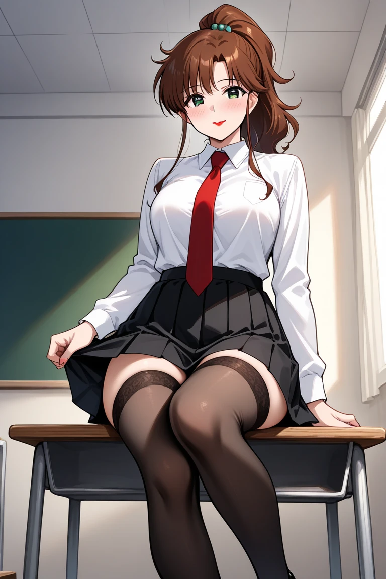 an anime style picture of the girl in the short skirt and white thigh high socks and high heels, 1girl, hazel eyes, brown curly hair, solo, gray blazer, gray skirt, white thigh high socks, black high heels, uniform, highly detailed face, perfect feet, portrait, full body, obese, small breasts