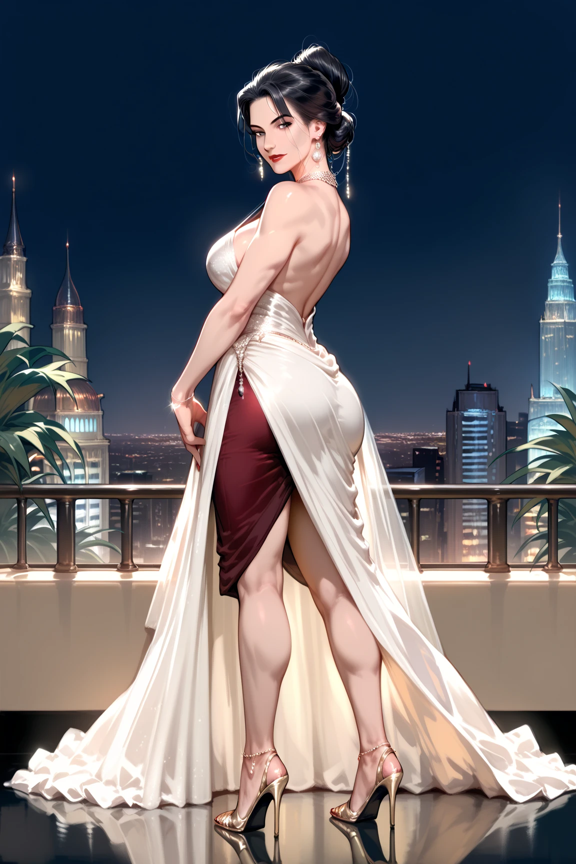 White woman、Silver Hair、Straight Hair、long hair、Sexy proportions、Big Breasts、Cleavage Emphasis、Wear a mini-length dress with strap shoulders、Wear stiletto heels、smile、Marble floor、Inside the majestic building、Place your hands on your hips、Cowboy Shot