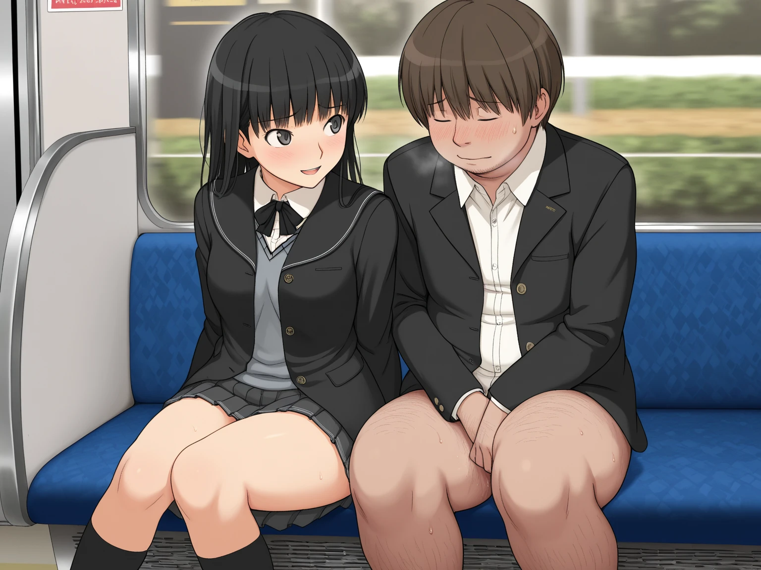 blue eyes, wearing long plain white shirt, high res, ultrasharp, masterpiece, wet shirt, black short hair, skinny legs, pussy, crowd not notice visible to viewer, secretly having sex, tiny girl, very close to other people, lay on side, seats in big crowd, sperm on girls shirt