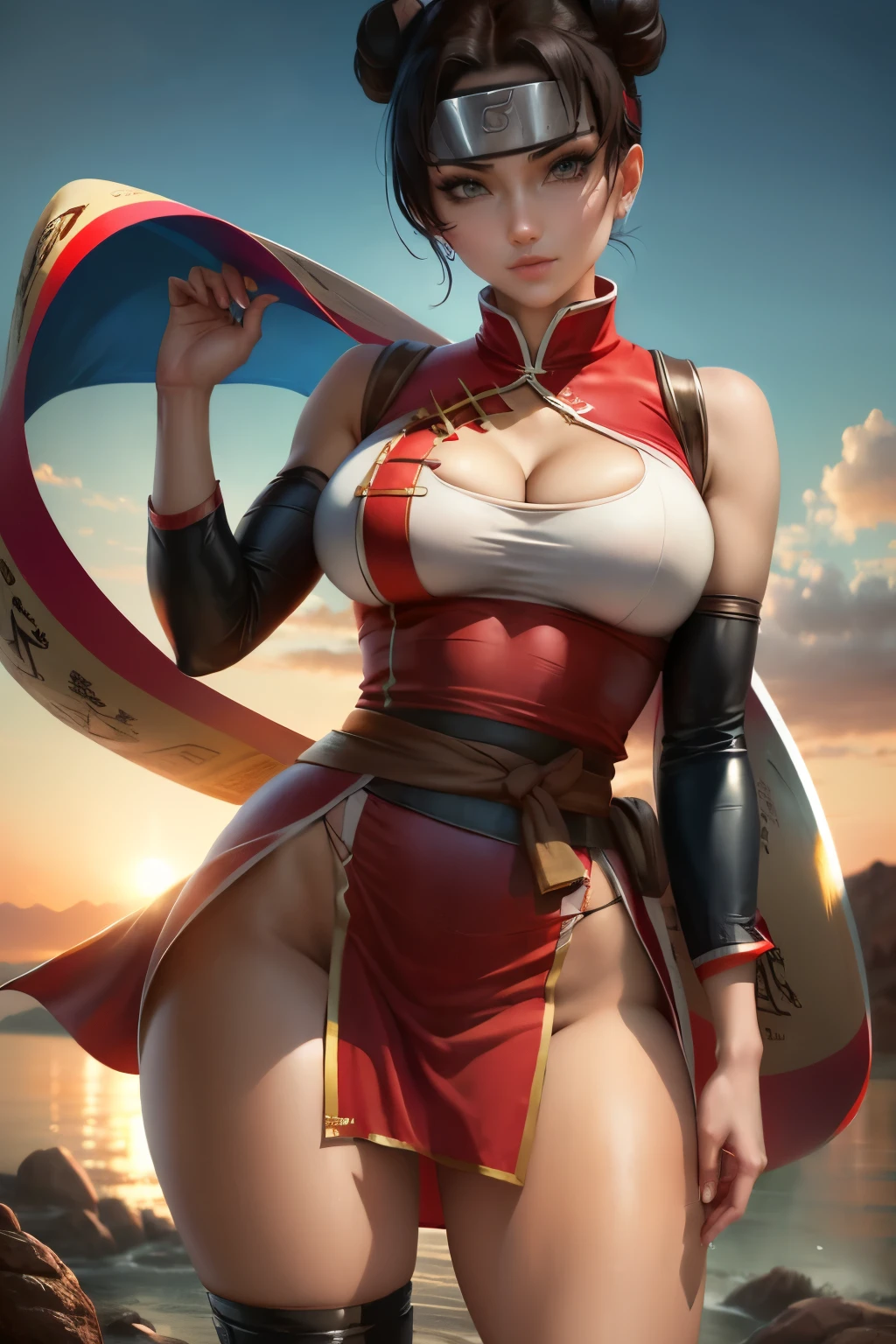 Tenten from Naruto Shippuden, 1girl, Asian girl, solo, athletic yet curvy, graceful and seductive, dark brown hair in twin buns, soft bangs, large brown anime eyes, small pupils, shiny lips, subtle blush, confident and alluring expression, elegant pose, soft skin, beautiful hands, wearing tight white and red sleeveless chinese-style dress, short cheongsam dress, deep side slit, golden trim, red belt sash, cleavage visible, red forehead protector on forehead, kunai holster on exposed thigh, black open-toe shinobi sandals, scrolls on back, wind gently lifting skirt, standing on high mountain rock, sunset background, glowing clouds, Hidden Leaf Village in distance, cinematic lighting, soft shadows, semi-realistic painting, Sakimichan artstyle, ultra detailed, high resolution, 8K, masterpiece, elegant and sensual, NSFW