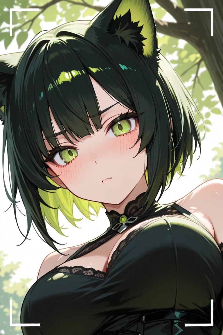 Cute girl, dark green hair, yellow eyes, short hair, cat ears, cat tail, cat collar, sexy body, sex, sexy,