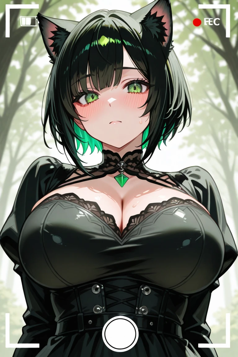 (high quality, 8k, 4K, high contrast, artwork:1.2, high quality, best aesthetics), ((1 woman)), erotic, sensual, mature body, super detailed, beautiful face detailed, beautiful eyes detailed, detailed beautiful mouth, sexy body, perfect breats, perfect wide thighs, (black hair), (short hair), (black hair with green highlights), (green eyes), (penetrating gaze), (serious expression), (blushing), (black top shirt with loose long sleeves), (neckline), (black ruffled skirt), (black fishnet tights), (standing), (centered), (looking at viewer), (simple background with green smoke around the woman)