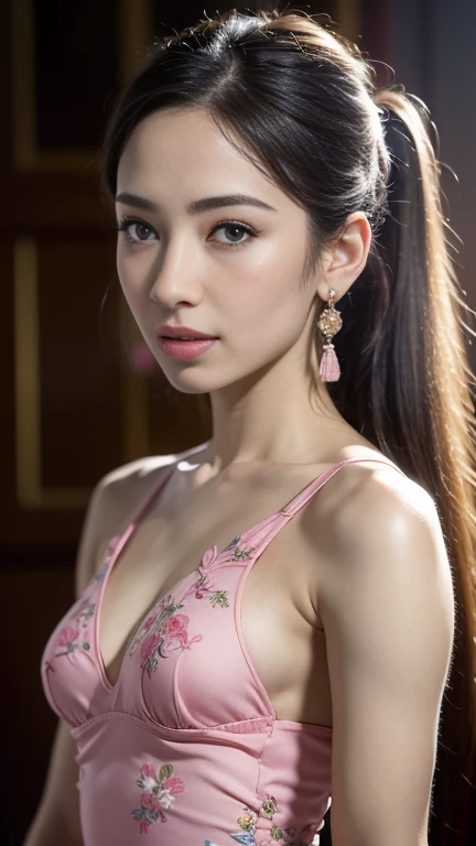 (Best quality,4K,8K,A high resolution,Masterpiece:1.2),Ultra-detailed,(Realistic,Photorealistic,photo-realistic:1.37),Delicate depiction of floral motifs on traditional Chinese gauze dresses, Dynamically capture Tai Chi elements, Flowing fabric, vivid vivid colors, Pastel tones, Soft and dreamy lighting, Focus on exquisite craftsmanship, Dynamic movements, Detailed rendering of intricate floral embroidery, Elegant and elegant gesture, Porcelain-like skin, small breasts, long pink twintails, soft blue eyes, Subtle and flawless makeup, Surreal wallpapers