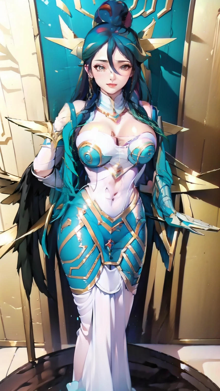 Ganyu,busty figure,take up close,China-style,period costume,,having fun,cropped shoulders,The middle of the chest is open,Round, Full breasts,White shawl one-piece stockings,exposing her chest,Exposing the abdomen,Fleshy thighs,The base of the thighs is soft,Pink underarms,Ocean park,Comic cover style,Comic title,tmasterpiece, High- sharpness, high high quality, 详细的脸, detailed body render