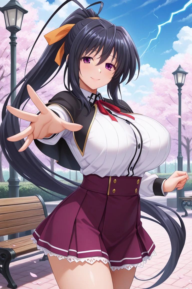best quality, masterpiece, 1girl, (solo:1.1), raytracing, ultra detailed,detailed face, 8k wallpaper, wide hips, smile, HimejimaAkenoNDV, 1girl, black hair, large breasts, very long hair, purple eyes, red skirt, , shirt, corset, ponytail, hair ribbon, ribbon, outdoor, (wet clothes)、(view visible through clothes:1.0)、(view:1.0), black bra, BREAK, dancing under the rain, wet clothes, in dynamic pose, black panties