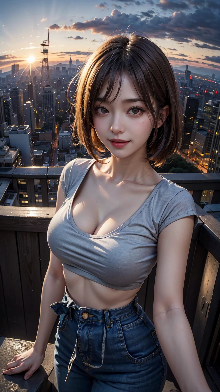 xxmixgirl,One Girl, Fisheye Lens, Selfie, Wind, Messy Hair, sunset, Cityscape, (Aesthetics and atmosphere:1.2), Gray Hair,smile, Film Girl, Short top shirt, Open your chest wide, 