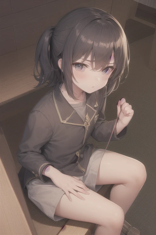 hight resolution、Hi-Res、masterpiece、Cute girl in mini skirt sitting on the ground with her knees upright、Look up, Blushing