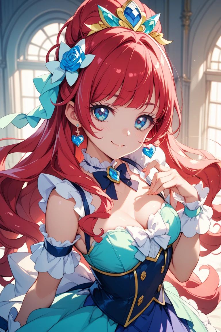 (masterpiece:1.1), best quality, NSFW,
1girl, (80s anime style:1.3), (eyelashes:1.5), (:1.2),
(intricate high detailed body:1.2),
red hair, (short hair, twin messy bun:1.1),
green eyes, (lip stick:1.2),
slender body, large breasts,
(happy, smile:1.2), open mouth,
neckwear, (white lace leotard with sleeves:1.1),
(short frill skirt:1.1), see-through clothes, jewelry,
(cowboy shot, looking at viewer, from front:1.1),
in royal palace