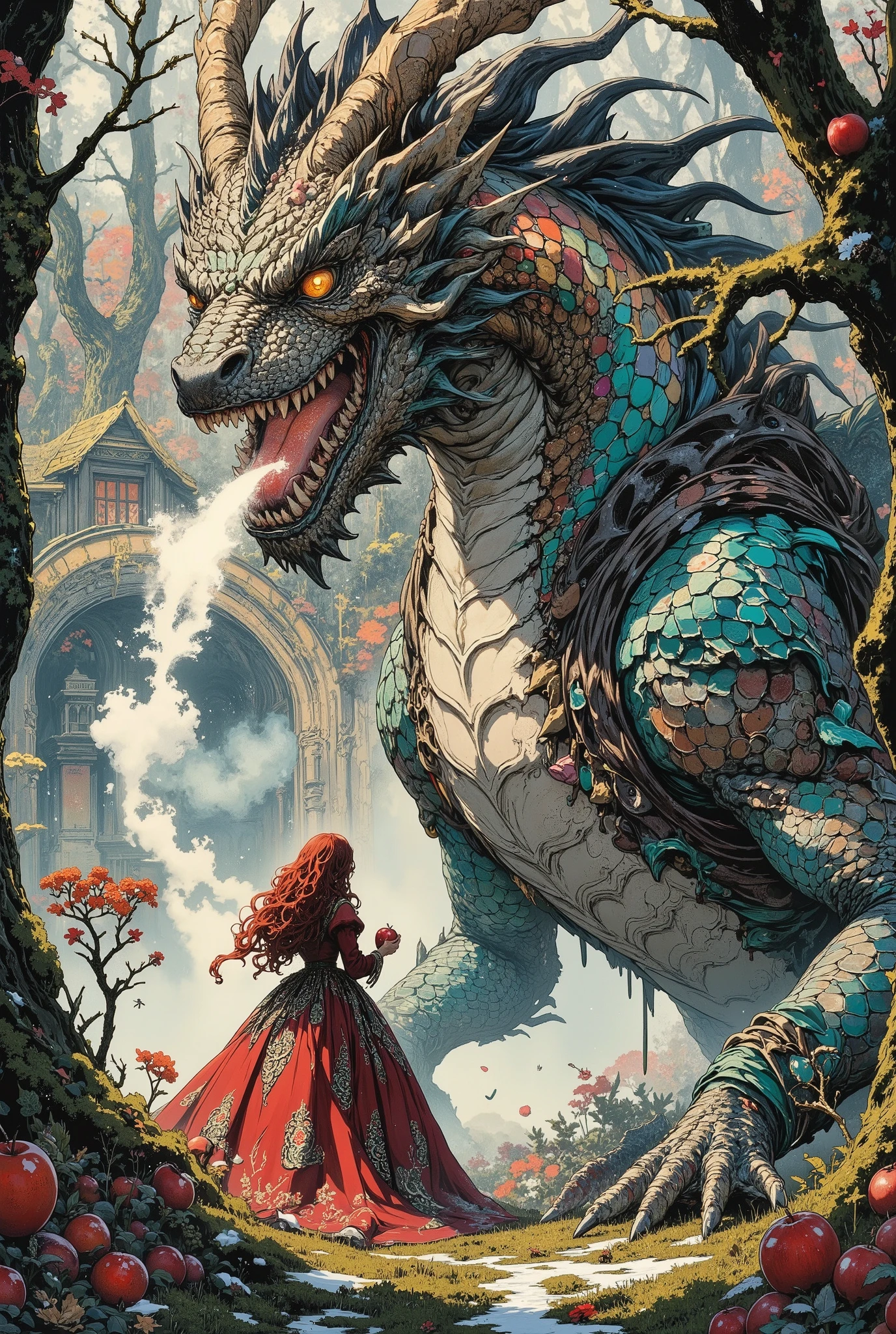 In the heart of a dark old garden, where ancient, moss-covered apple trees stand like silent guardians, a girl with long red curly hair peacefully feeds red apples to a huge terrifyingly beautiful fantastic dragon covered with rainbow scales, shimmering in the sun, each scale seems to be painted with ink, a subtle oriental pattern.The girl trustfully holds out an apple to the dragon's face, to the largest nostrils, from which clouds of steam are pouring out. Her long Victorian-style dress with turquoise ruffles, decorated with intricate embroidery, falls in folds. The luxurious fabric reflects the brilliance of light, creating subtle highlights and shadows. Her eyes are large and cavernous, with long thick eyelashes trustfully looking at the dragon and her expression is calm.A drunken, satisfied dragon eats apples. The mouth is open. The dragon's transparent, serpentine amber eyes are narrowed with pleasure. Apple juice flows down his huge muzzle.Apples are scattered on the frozen grass, covered with snow in some places. The dragon's body is elongated, with powerful, thick-clawed paws. Webbed mother-of-pearl wings flutter in the strong autumn wind. The background is a beautiful autumnal old garden, lush and overgrown, flooded with dappled light penetrating through the autumn crowns of trees, a rich play of sunlight and deep shadows creating mesmerizing patterns on the moss—covered ground, tiny glowing beetles hover in the air like magic lights. Several bright autumn garden flowers are depicted in the foreground.The composition allows you to fully see both the woman and the dragon, its huge body emphasizes the smallness and fragility of the young woman.Autumn leaves are flying everywhere. The lighting is natural: Backlit, with side lighting. Painterly and hand-drawn digital art, as if executed by the skillful hand of a virtuoso master. Watercolor, ink, the style of Kai Nielsen and Studio Ghibli. Fancy, stylized design. Semi-realistic, highly detailed.
