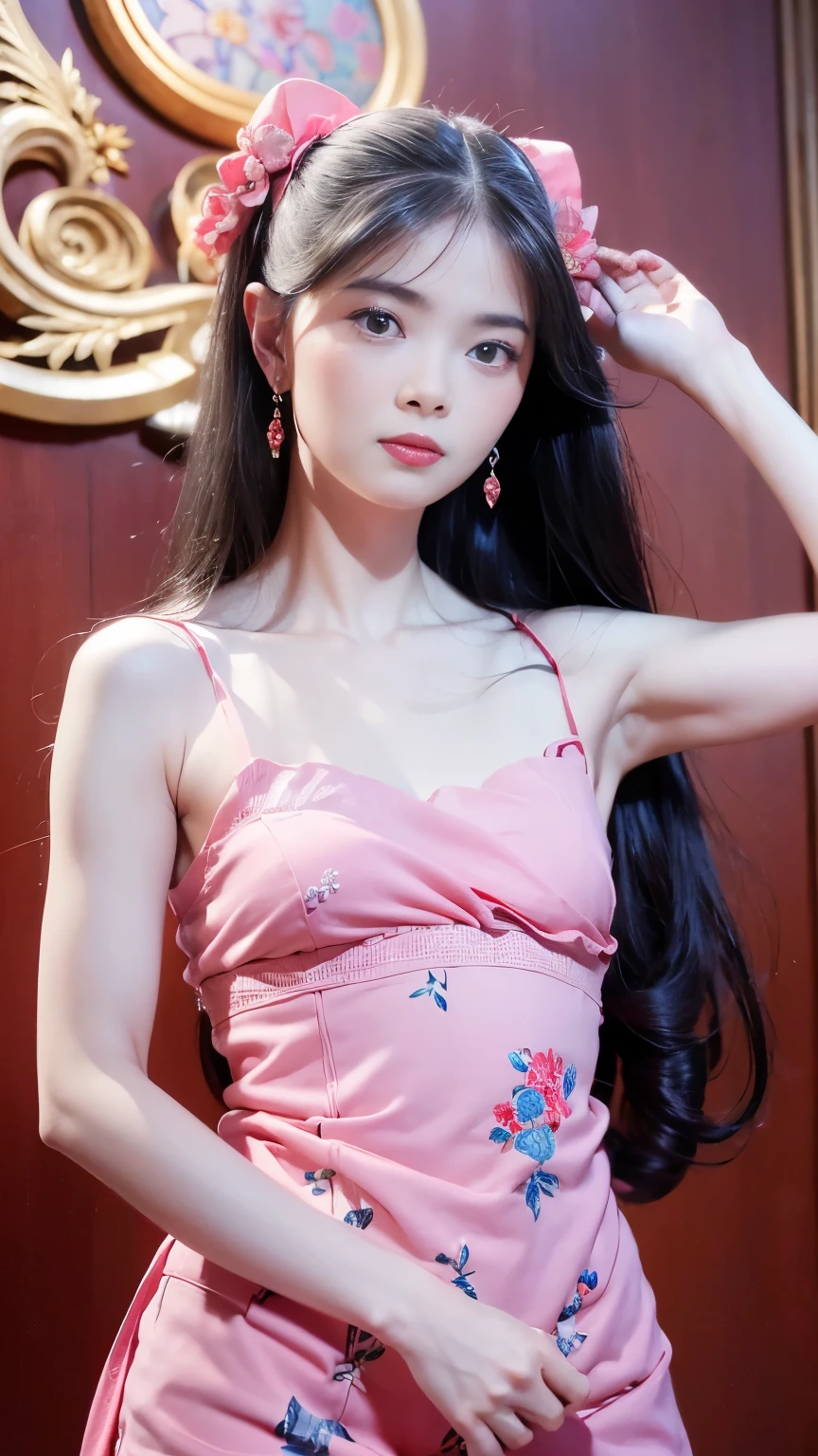 (Best quality,4K,8K,A high resolution,Masterpiece:1.2),Ultra-detailed,(Realistic,Photorealistic,photo-realistic:1.37),Delicate depiction of floral motifs on Pink colour GRACE KARIN Boatneck Sleeveless Vintage Tea Dress, radiant smile, Dynamically capture Tai Chi elements, Flowing fabric, vivid vivid colors, Pastel tones, Soft and dreamy lighting, Focus on exquisite craftsmanship, Dynamic movements, Detailed rendering of intricate floral embroidery, Elegant and elegant gesture, Porcelain-like skin, (small breasts:1.3), long pink twintails, earrings, soft blue eyes, Subtle and flawless makeup, Surreal wallpapers