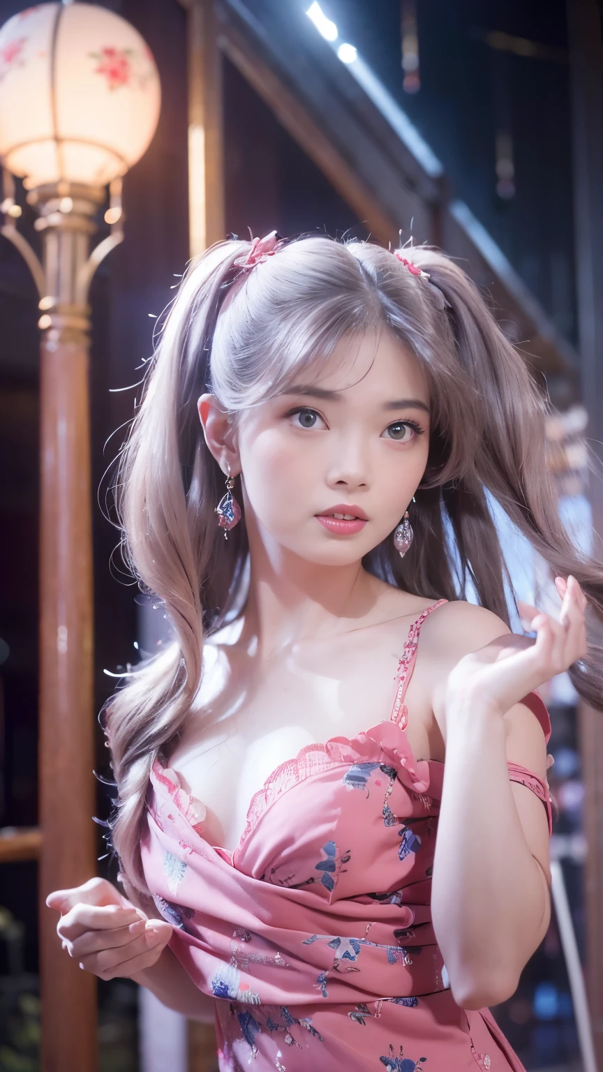 (Best quality,4K,8K,A high resolution,Masterpiece:1.2),Ultra-detailed,(Realistic,Photorealistic,photo-realistic:1.37),Delicate depiction of floral motifs on Pink colour GRACE KARIN Boatneck Sleeveless Vintage Tea Dress, radiant smile, Dynamically capture Tai Chi elements, Flowing fabric, vivid vivid colors, Pastel tones, Soft and dreamy lighting, Focus on exquisite craftsmanship, Dynamic movements, Detailed rendering of intricate floral embroidery, Elegant and elegant gesture, Porcelain-like skin, (small breasts:1.3), long pink twintails, earrings, soft blue eyes, Subtle and flawless makeup, Surreal wallpapers