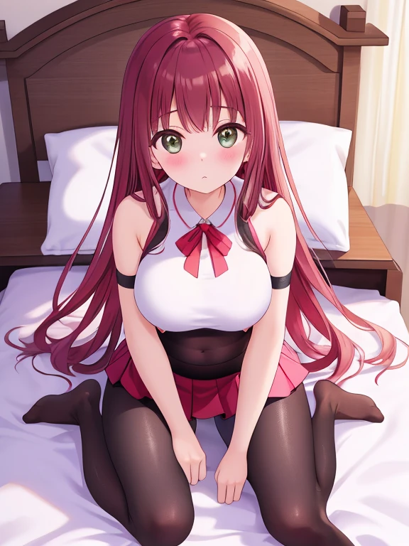 a girl,underwear,big breasts,Lying in bed,legs spread,Pink pleated skirt,masterpiece,high quality