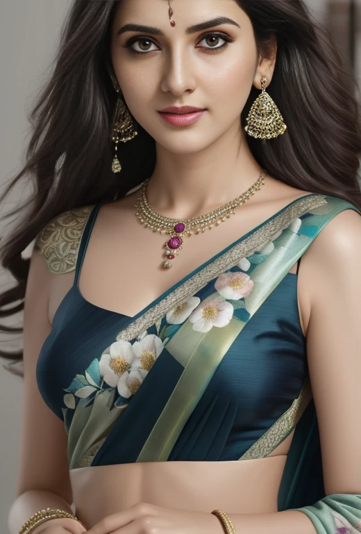 Goddess, very beautiful, animated style, closeup shot, anime in a (((combination indian traditional saree))) (((saree))) (((blouse))), long black wavy hair untied, head jewellery, head clips, head chains, head tiara, necklace, long and beautiful earings, armlets, bangles and bracelets, rings, pleasant expression, bright big black eyes, holding a flower, natural beauty, vibrant colors, dreamy, northern light,teal and gold colour, romantic, soft lighting, vintage aesthetic