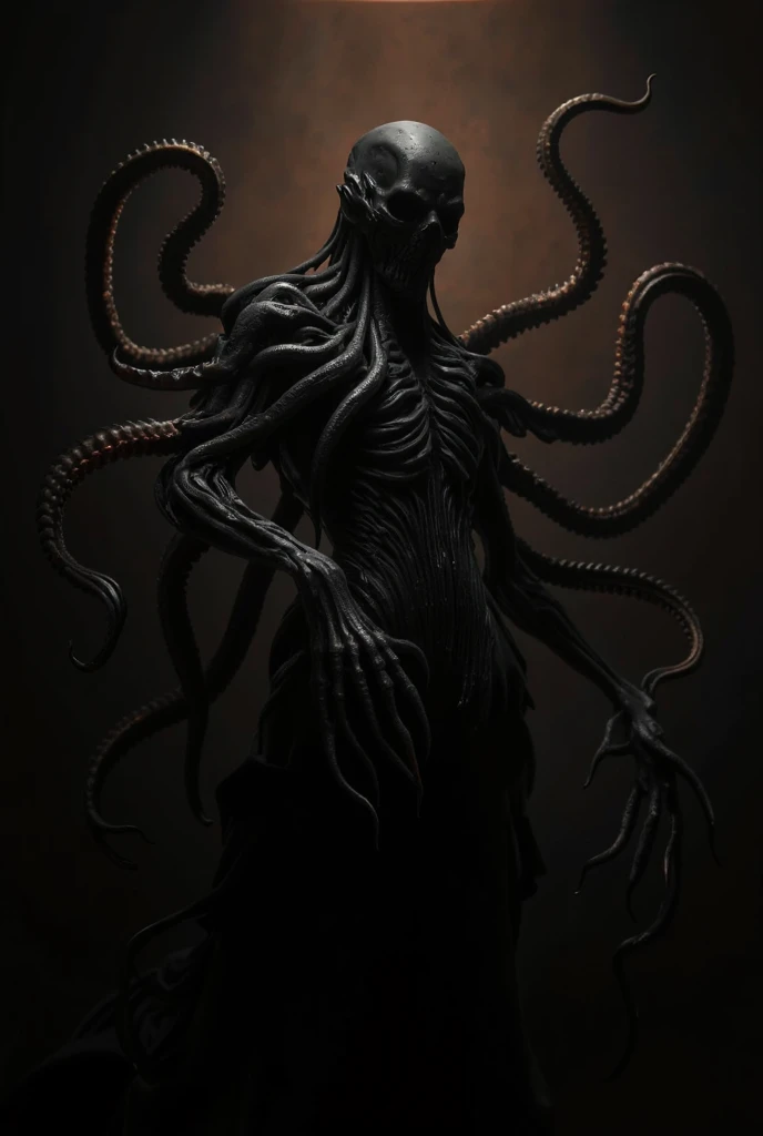 Resident evil,dark soul boss, Bloodborne,Lovecraft evils, monster, fantasy, dark, Smokey, many eyes, many tentacles, cloud like, floating, realistic, terrifying, otherworldly, destructive, pitch-black, holding a railgun made of bones, bloodstained,many mouths, many arms,tentacles, cursed human soul with desperate face,eirie,Lovecraft horror environment, ted mist