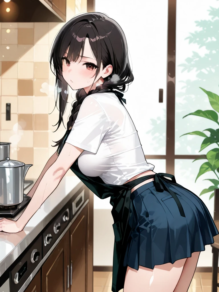 ((((highest quality)))), (((Ultra-precision CG 16K))), (((masterpiece))), (((Very detailed))), (((Extremely detailed))), (((Black outline:1.3, Written boundary depth:1.3 , Written soft outline))), Blur, Bokeh, Maximum clarity and sharpness,Multilayer Texture, Surface Shading, Cinematic lighting, Beautiful details sparkle ,Perfect Proportions, Limited to three woman, BREAK accurate, Anatomically correct, Highly detailed face and skin texture, drawn in detail, Highly detailed facial and skin texture, Detailed eyes, beautiful hair, Beautiful Japanese Idol face, Beautiful and beautiful eyes, Beautiful body, Beautiful breasts, Beautiful thighs, Beautiful legs, Beautiful fingers, (Beautiful views) , skinny body, ((Beautiful Skin)), ((Skin Texture)) BREAK breast enlarged, large Breasts, rocket breasts, slender waist, (blush, smiling:1.3,) BREAK (((oversized_shirt:1.3 , shirt untucked:1.3, no-skirt, no-belt:1.3))) , wearing earrings, BREAK (((cooking in the kitchen , pot-au-feu boiling , has a ladle in hand , stick breast out))),(serious, from behind:1.3 , from below),