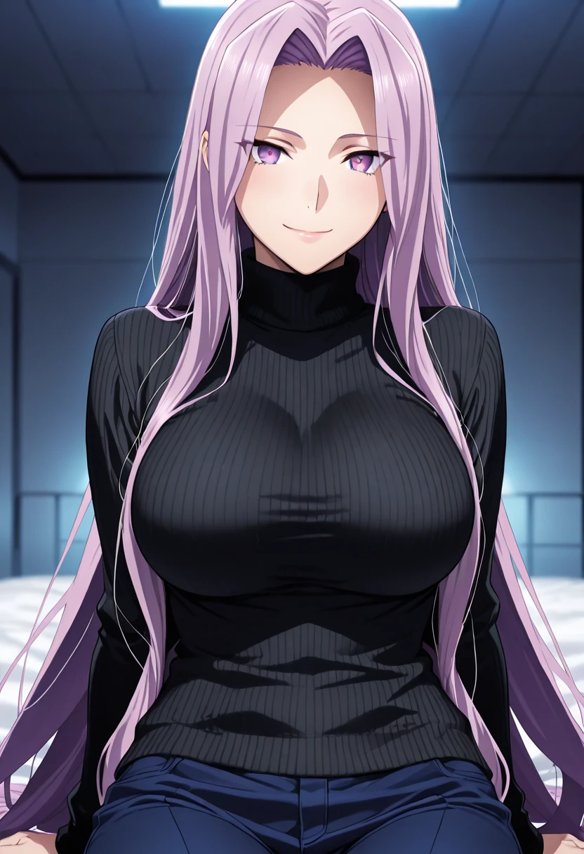 score_9, score_8_up, score_7_up, source_anime,
medusarider, <lora:medusa-rider-ponyxl-lora-nochekaiser:1>,
medusa rider, long hair, very long hair, purple hair, smile,
long sleeves, purple eyes, glasses, pants, sweater, turtleneck, denim, low-tied long hair, jeans, black sweater,
indoors, bed, bed room,
looking at viewer, cowboy shot, dutch angle,