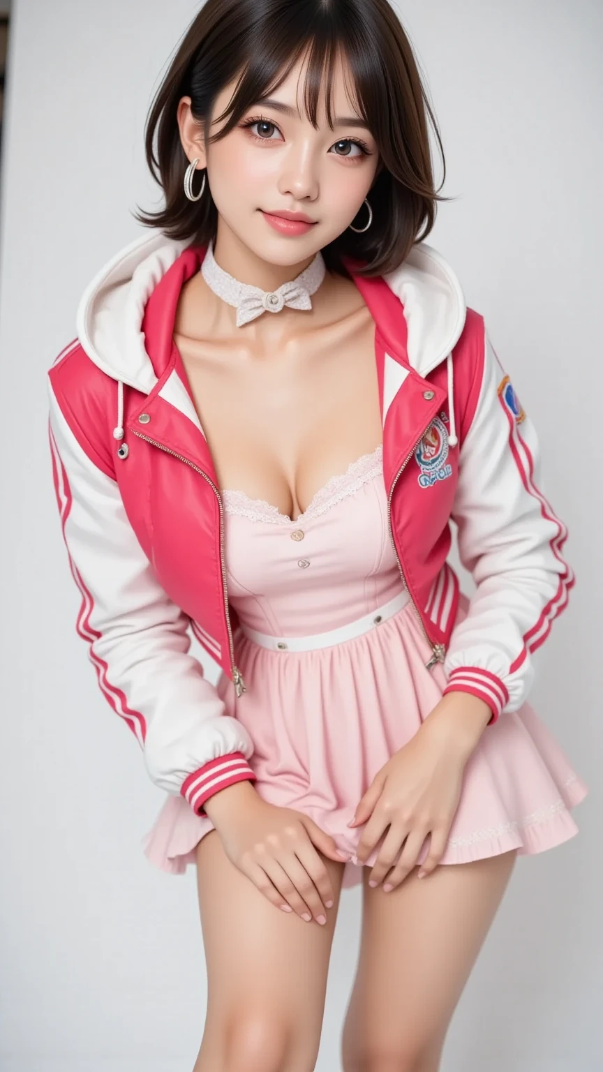 (((pink collared police officer shirt))),(((bare side breast))),(((bare inner thigh and pink over-kneehighs))),(((show pink panty))),(((wear a pink tie and cleavage pink cutout))),(((wear a regulation pink police cap and pink peplum miniskirt lift:1.5))),(((bare shoulders and detached sleeves))),ulzzang-6500-v1.1, (Raw photo:1.2), (Photo realistic:1.4), a beautiful detailed girl, extremely detailed eye and face, beautiful detailed eyes, ultra-detailed, High resolution, top-quality, masterpiece, highly detailed, 8k wallpaper, Wonderful, finely detail, top-quality, Light on the face,电影灯光,1girl in,(prison bedroom),Beautiful eyes,smile,Opening Mouth