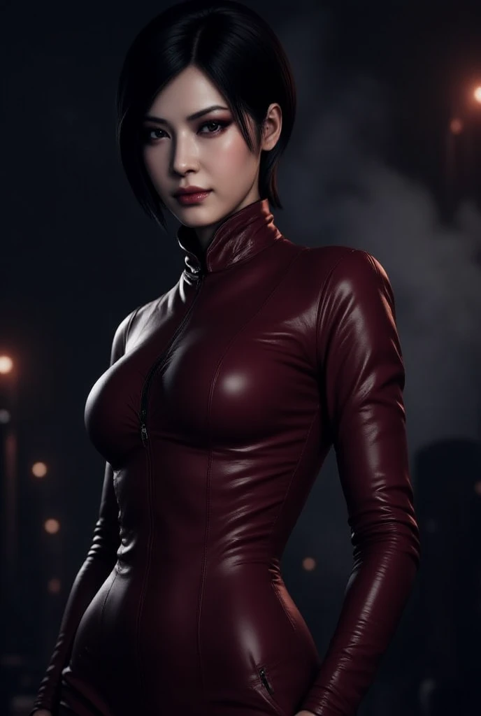 a beautiful woman with neck length dark hair, wearing a black and red vigilante suit,she has no symbol on the front, she has a sly smirk walking through her city at night, holding a baton, photorealistic, 8k resolution, photoreal