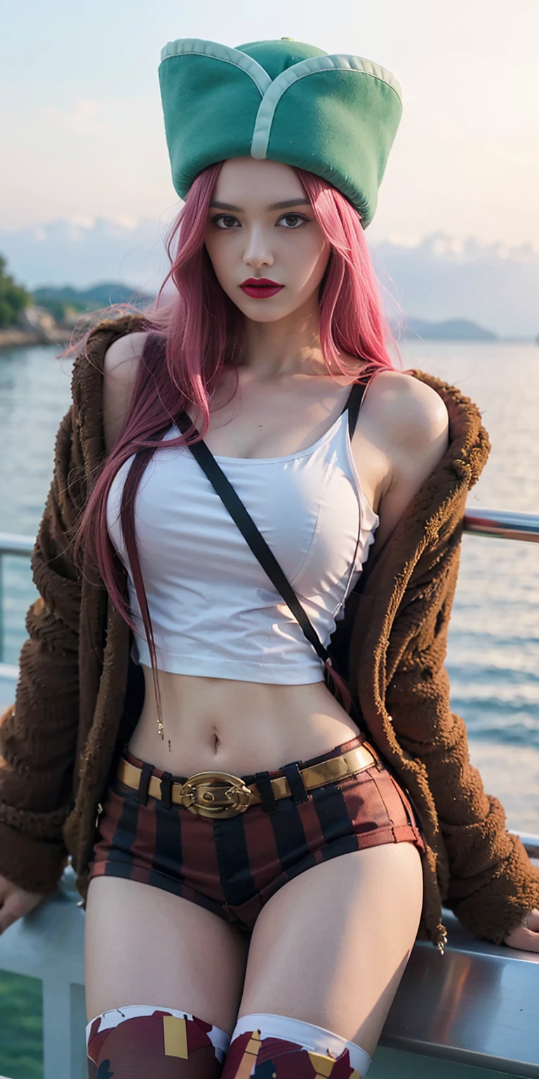 HDR 10, beautiful girl, detailed eyes, detailed lips, very long hair, orange hair, ultra detailed texture, water drops, outdoors, game of thrones, in black nike pro and no bra , lace, loops, soft lighting, standing,
