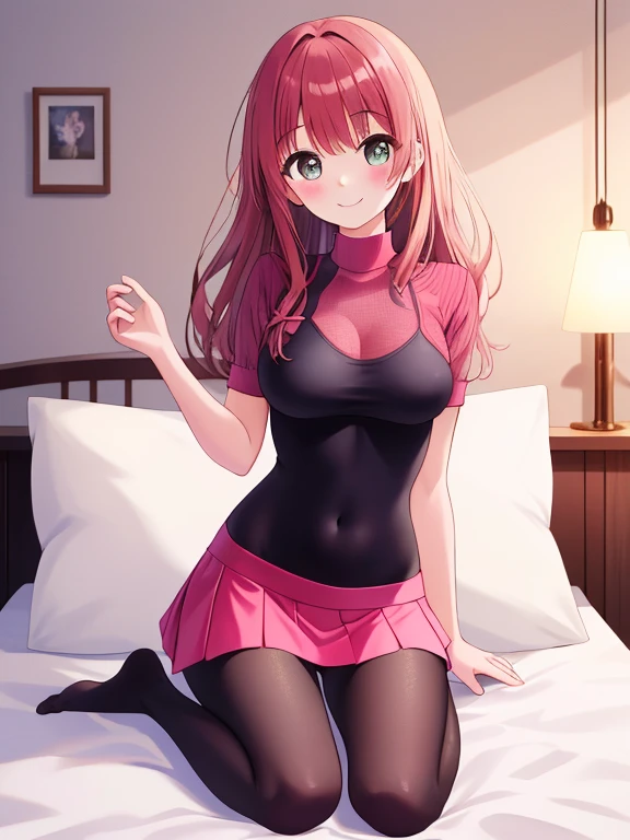 Single, one_girl, Teen Starfire, redhead, shiny_dress, pink_silk_glossy_fabric, skinny, thin_legs, lace, nightwear, glossy_fabric, shiny, green_eyes, dark_skin, short_dress, cleavage, glossy_fabric, long_hair, skinny, bedroom, gentle_smile, blushing, beautiful, female, high resolution, 8k