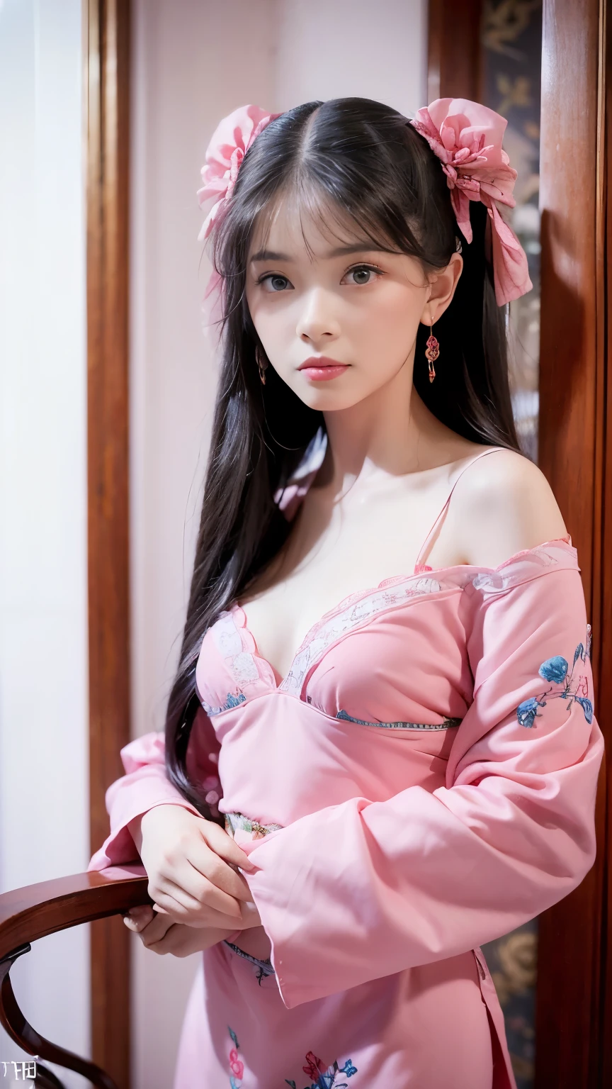 (Best quality,4K,8K,A high resolution,Masterpiece:1.2),Ultra-detailed,(Realistic,Photorealistic,photo-realistic:1.37),Delicate depiction of floral motifs on traditional Chinese gauze dresses, Dynamically capture Tai Chi elements, Flowing fabric, vivid vivid colors, Pastel tones, Soft and dreamy lighting, Focus on exquisite craftsmanship, Dynamic movements, Detailed rendering of intricate floral embroidery, Elegant and elegant gesture, Porcelain-like skin, (small breasts:1.3), long pink twintails, earrings, soft blue eyes, Subtle and flawless makeup, Surreal wallpapers